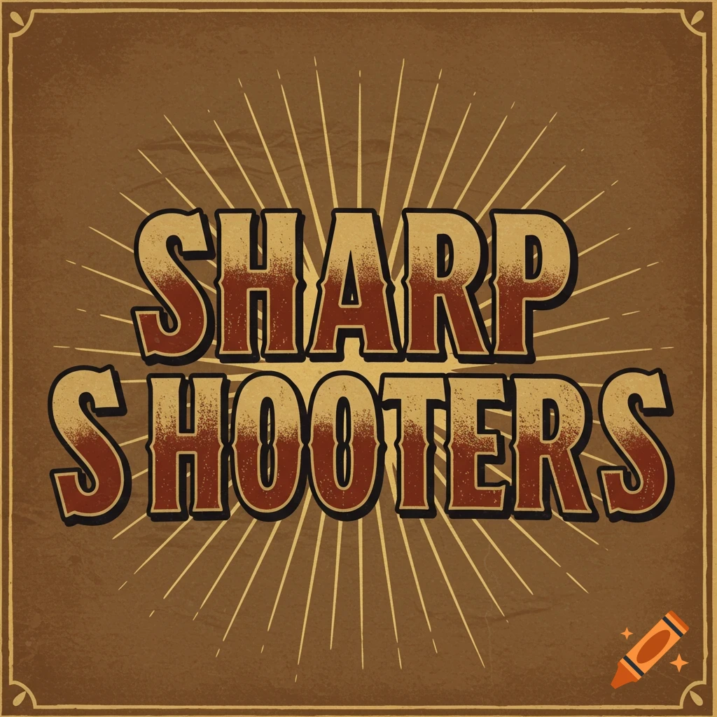 Western style text SHARP SHOOTERS with sunrays on a brown background.