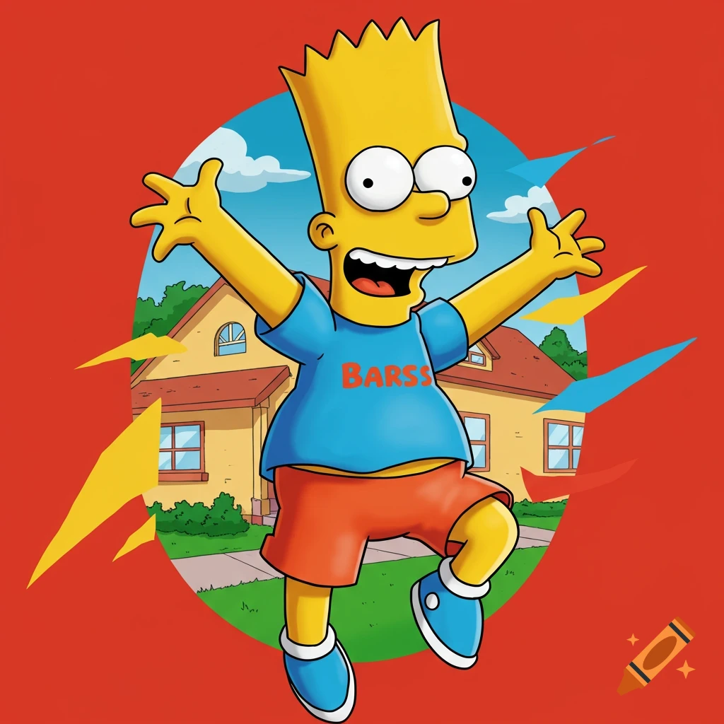 Bart Simpson jumping happily in front of the Simpsons house with a red background.
