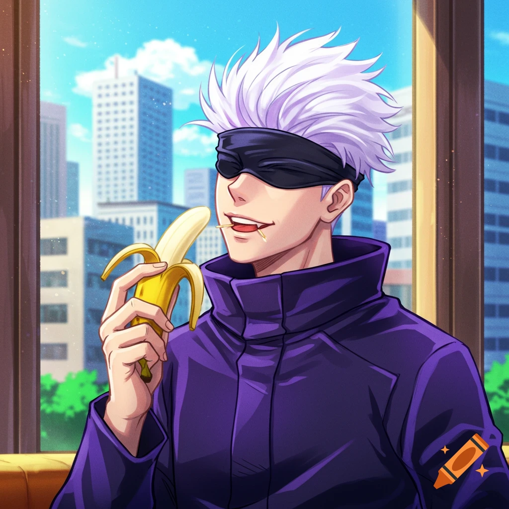 Anime character with white hair and blindfold eating a banana in front of city view