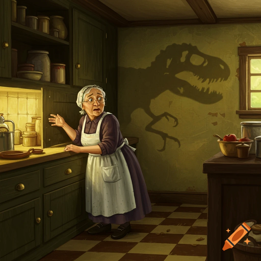 An old woman in a kitchen is startled by a T-Rex shadow on the wall.