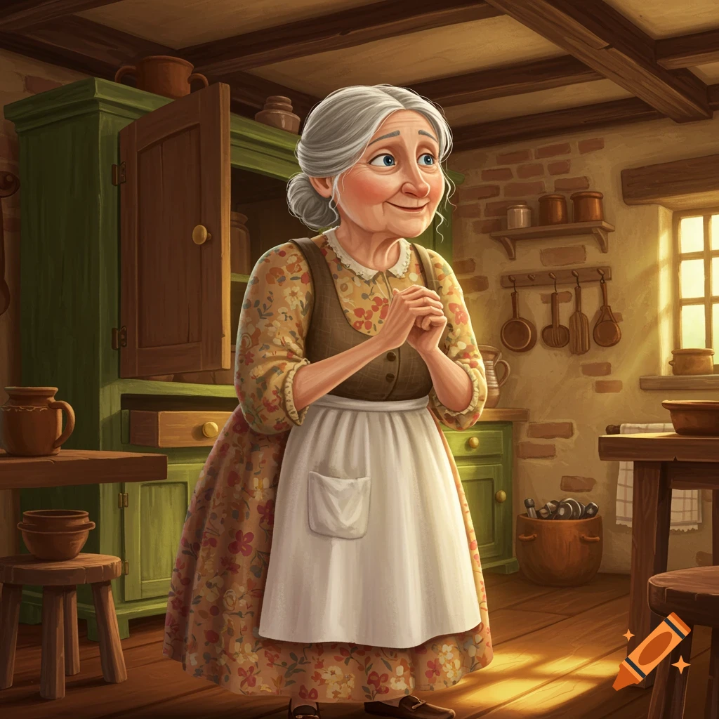 An old woman in a whimsical kitchen, hands clasped, wearing a floral dress and apron.