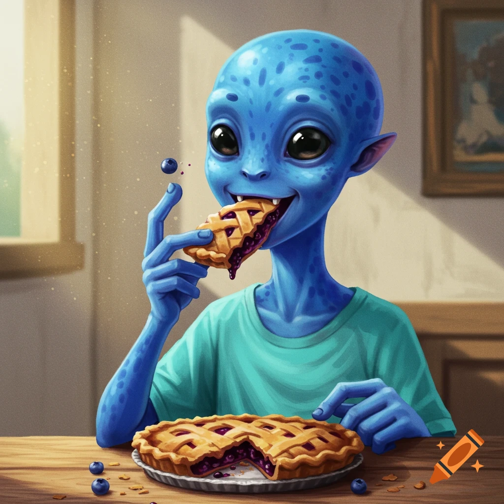 A blue alien eating a slice of pie.