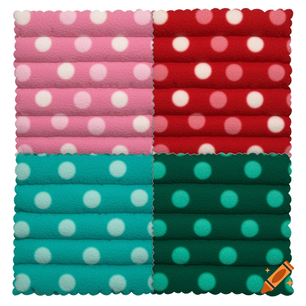 Four folded sections of polka dot fleece fabric in pink, red, turquoise, and dark green.