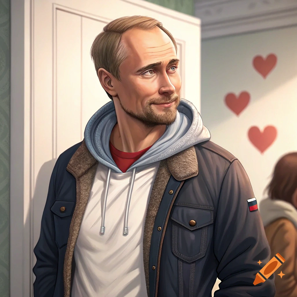 Illustration of a man resembling Putin in a hoodie and jacket, anime style, with red hearts on the wall in the background.
