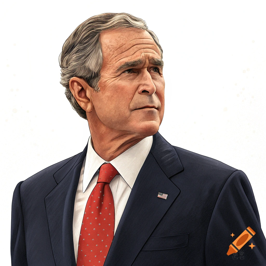 A realistic portrait of George W. Bush in a suit and red tie, looking to the side.