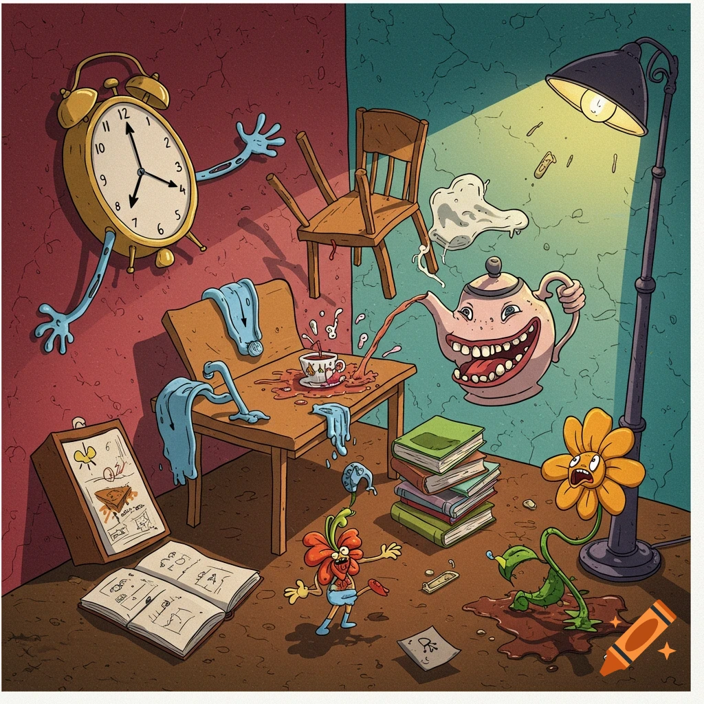 Cartoon surreal illustration of chaotic room with melting clock, animated teapot, and plants.
