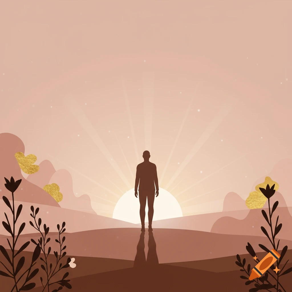 Minimalist illustration of a human silhouette standing on a hill at sunrise with abstract plants.