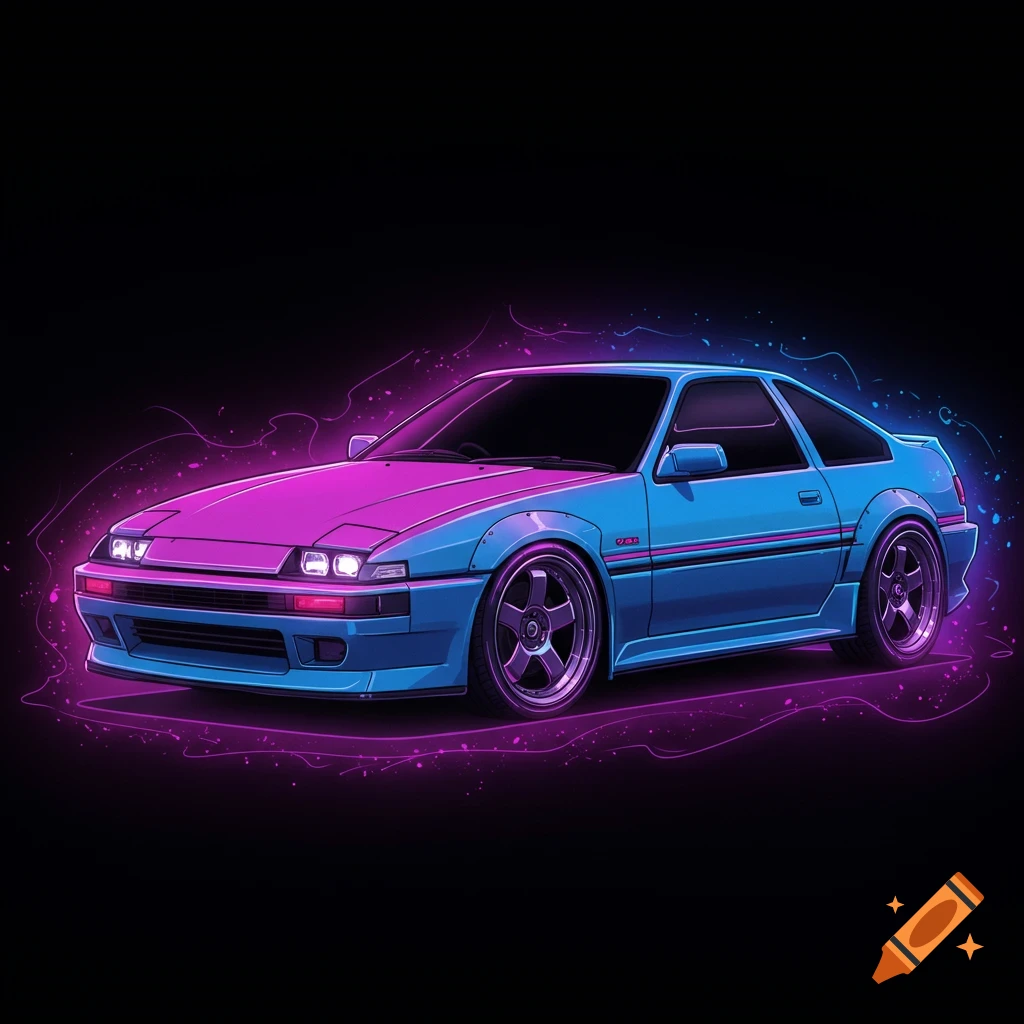A stylized blue car with pink neon glowing effects.