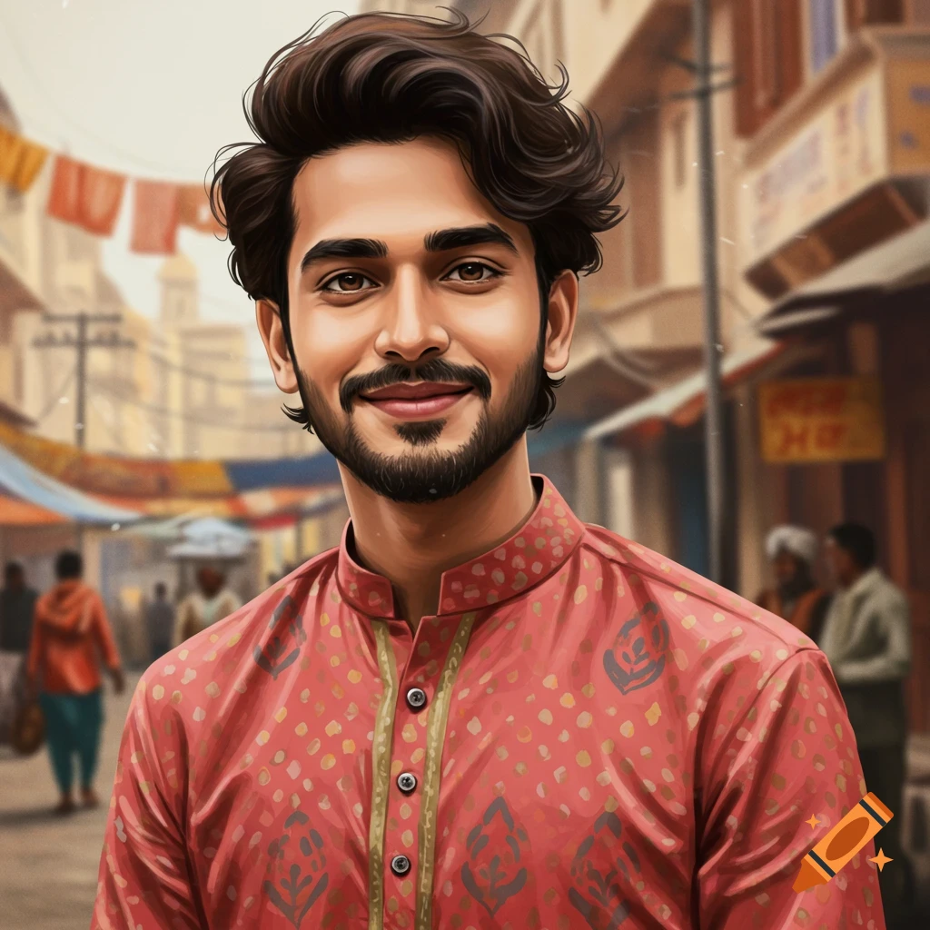 A smiling man in a red kurta in an Indian market