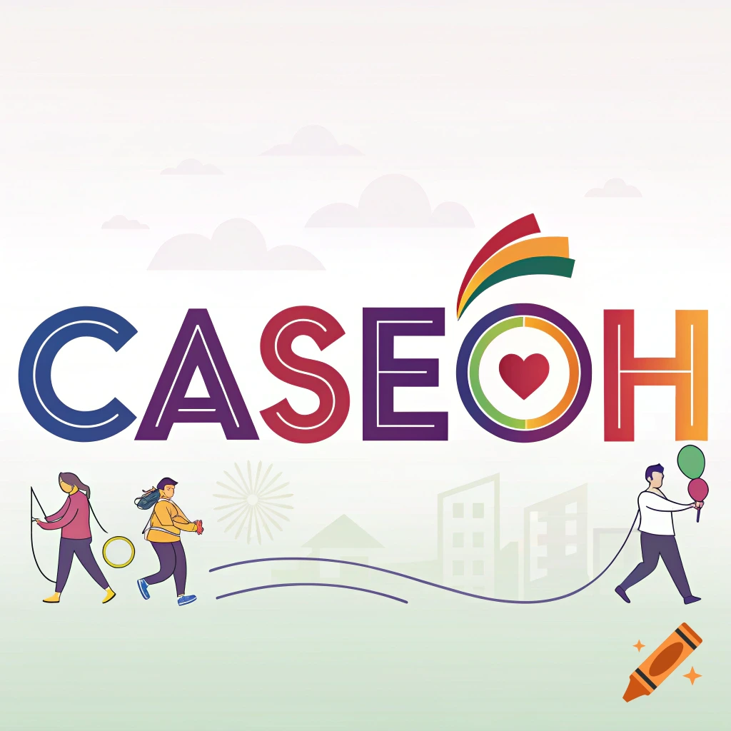 Illustration with large colorful text CASEOH, people jumping rope, running, and holding balloons, cityscape in background
