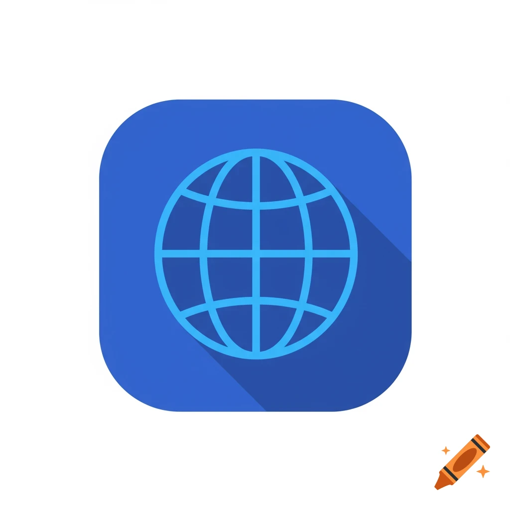 Blue globe icon in flat design style on a rounded blue background with shadow.