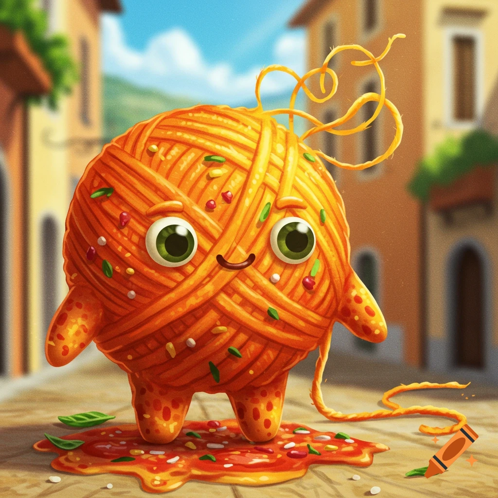 Cartoon spaghetti monster standing in a European street.