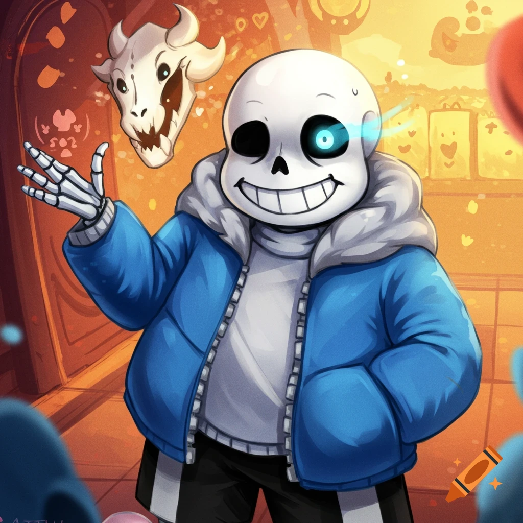 The skeleton character Sans from Undertale is shown with a glowing eye, wearing a blue jacket, next to a Gaster Blaster.