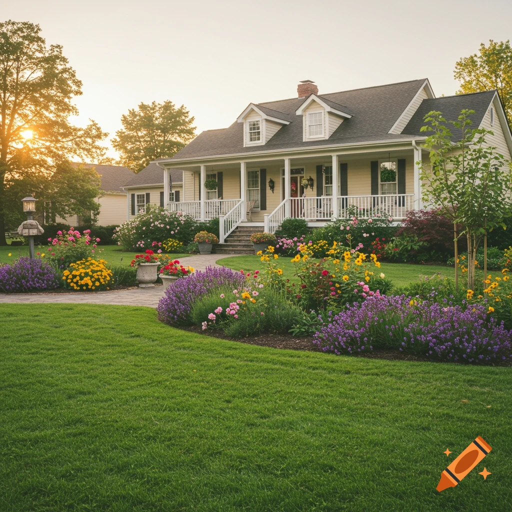 A large country house with a porch, a large front yard, and a colorful flower garden at sunset.