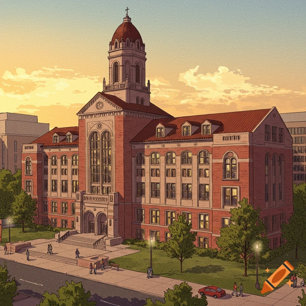 Academic building illustration in Hiroshi Nagai style at sunset