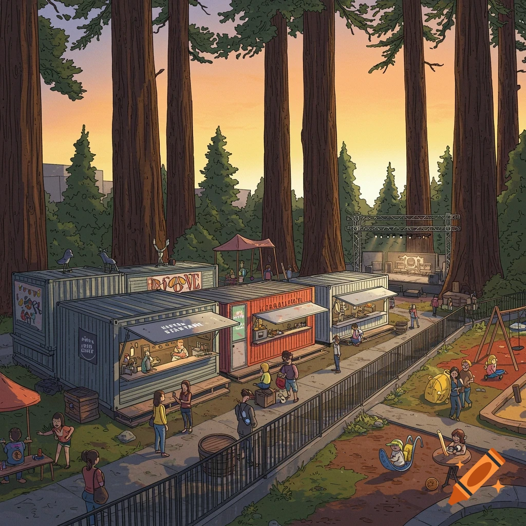A park with food containers, a playground, and a concert stage, beneath tall redwood trees at sunset.