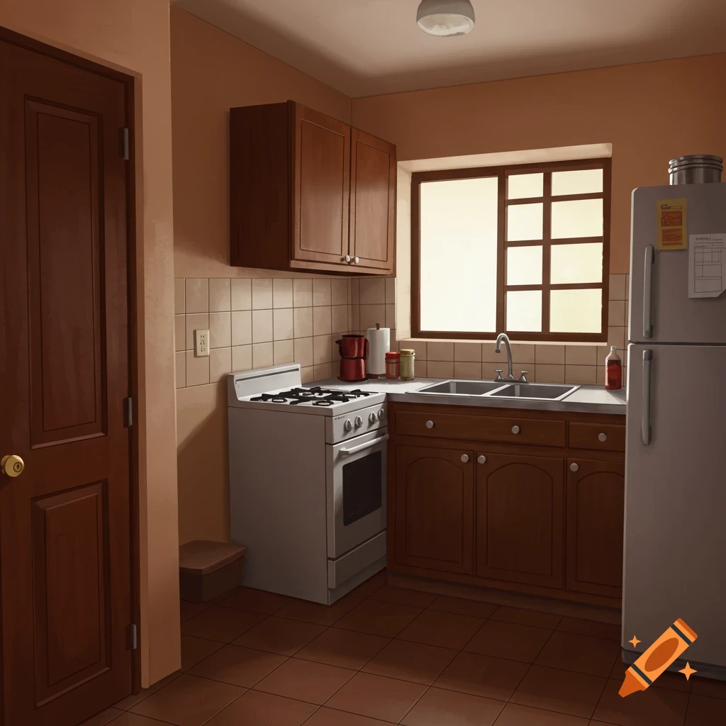 A kitchen with a door, window, stove, sink, cabinets, and fridge.