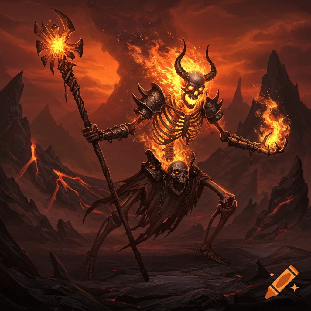 A flaming skeleton figure stands in a dark volcanic landscape, holding a staff. There's another skeleton figure kneeling below.