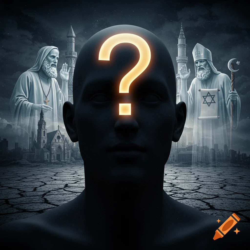 Conceptual art of a human head with a glowing question mark, flanked by religious figures with Christian, Jewish, and Islamic symbols.