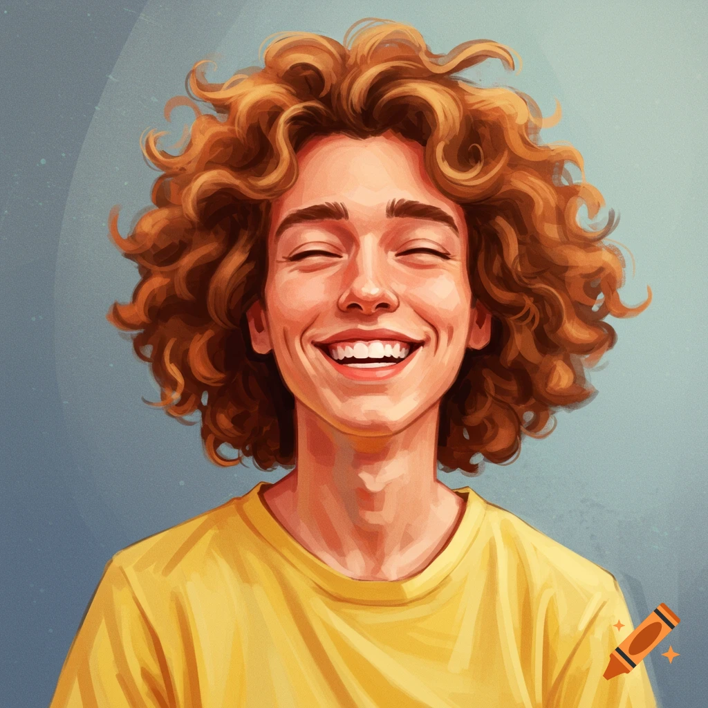 A person with curly brown hair smiling broadly while wearing a yellow shirt.