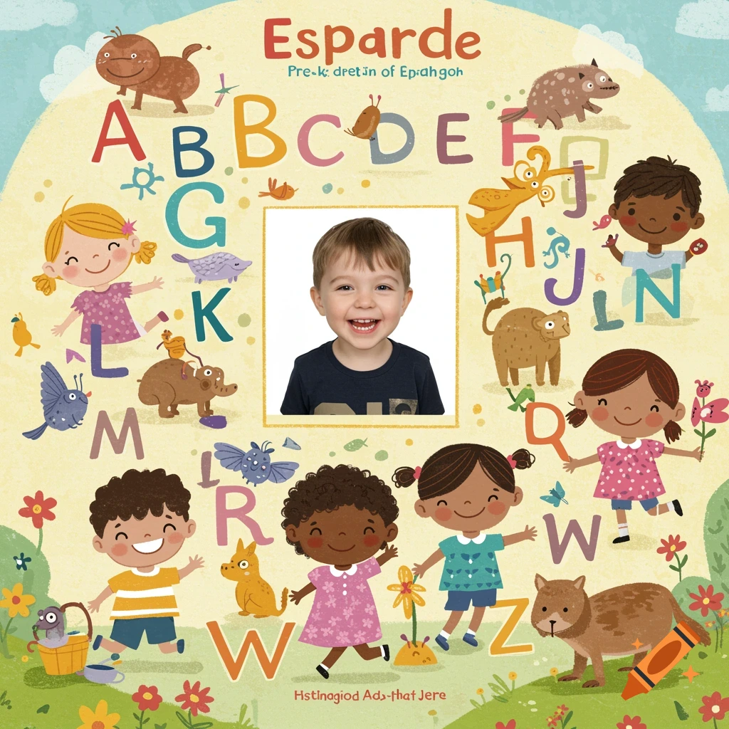 A colorful illustration of a children's alphabet book cover with cartoon kids, animals, uppercase letters A-Z, and a photograph of a smiling child.