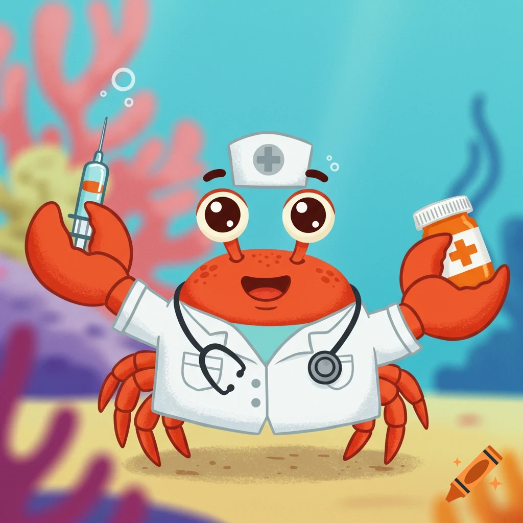 Cartoon crab doctor holding a syringe and pill bottle underwater.