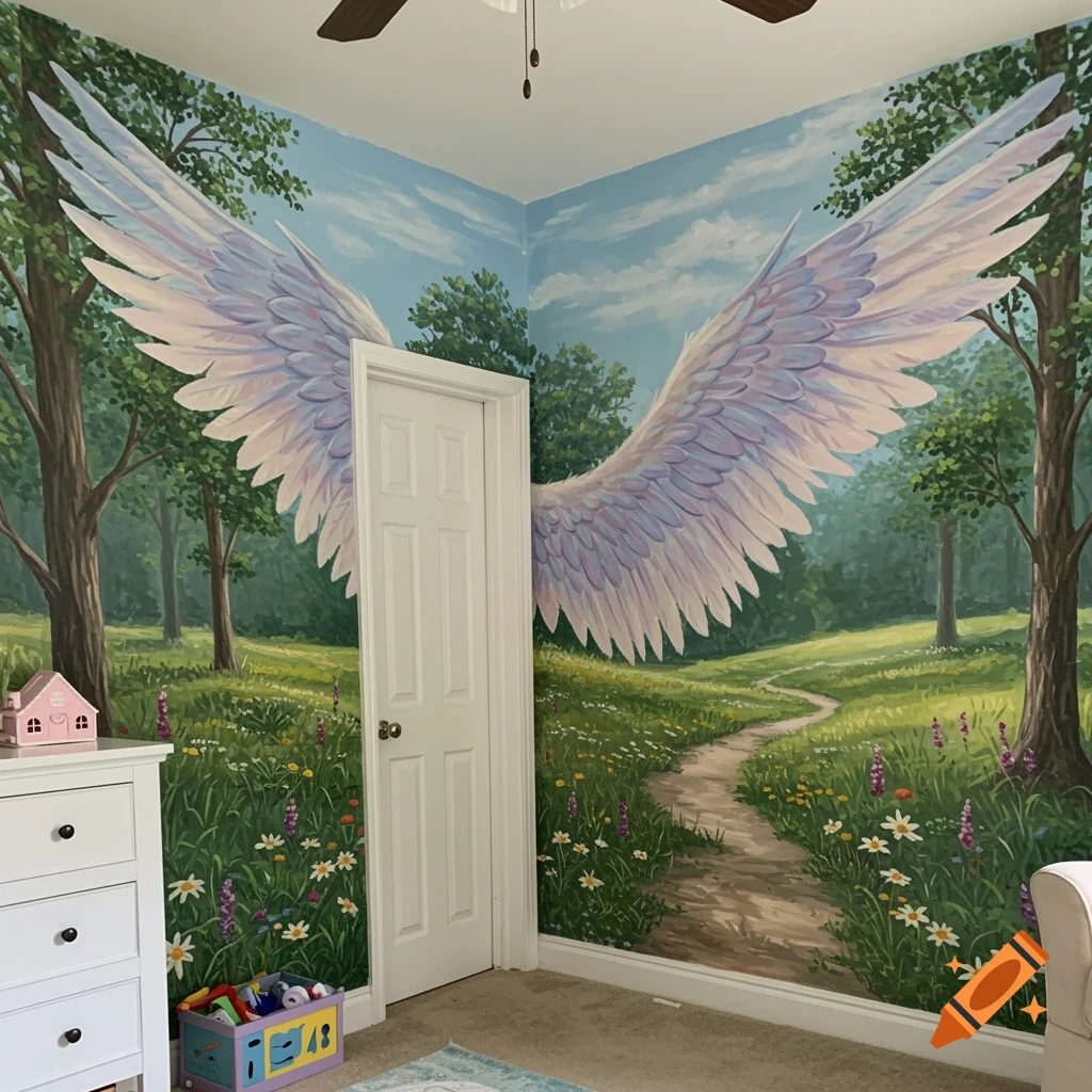 Mural of a forest clearing with a winding path and large angel wings painted on room walls.