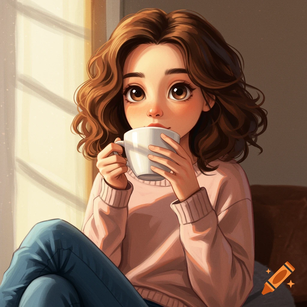 Digital illustration of a young woman drinking coffee in warm morning light.