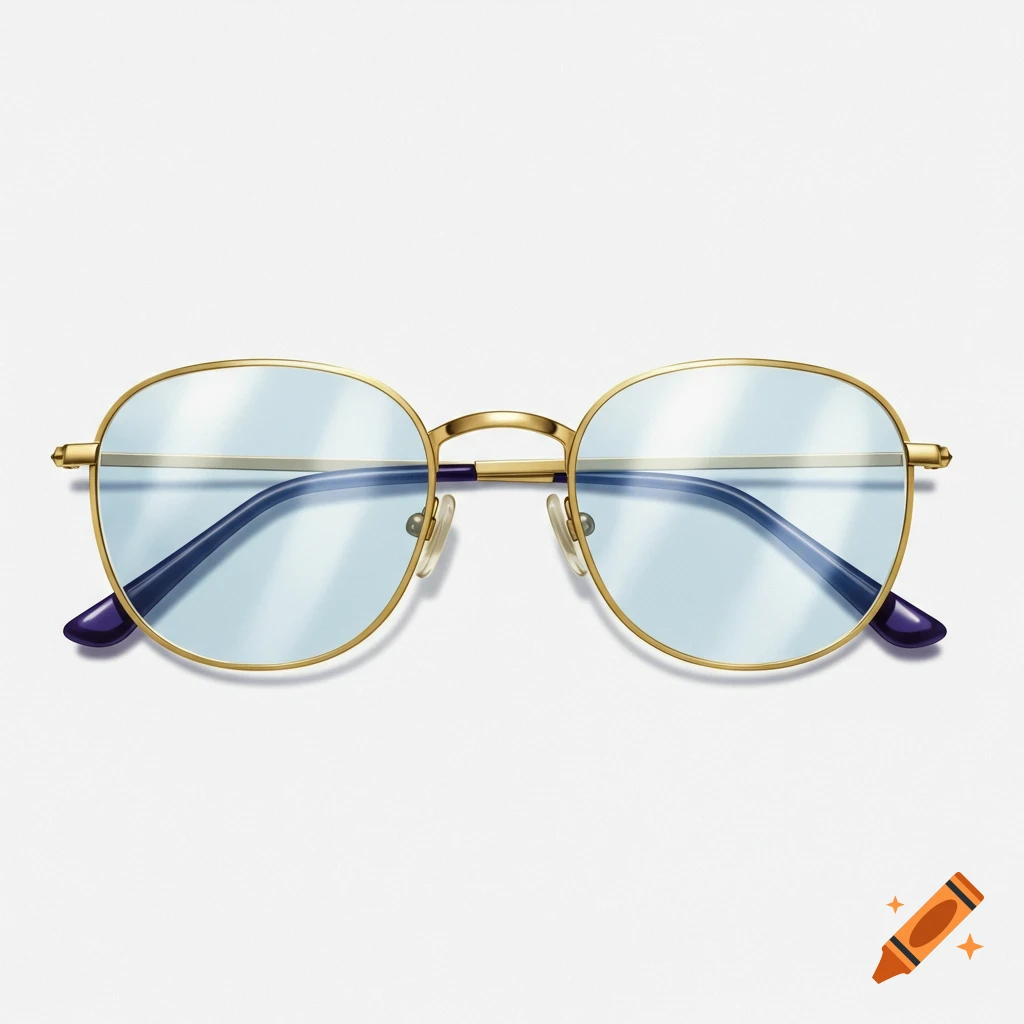 Round, gold-framed glasses with blue tinted lenses