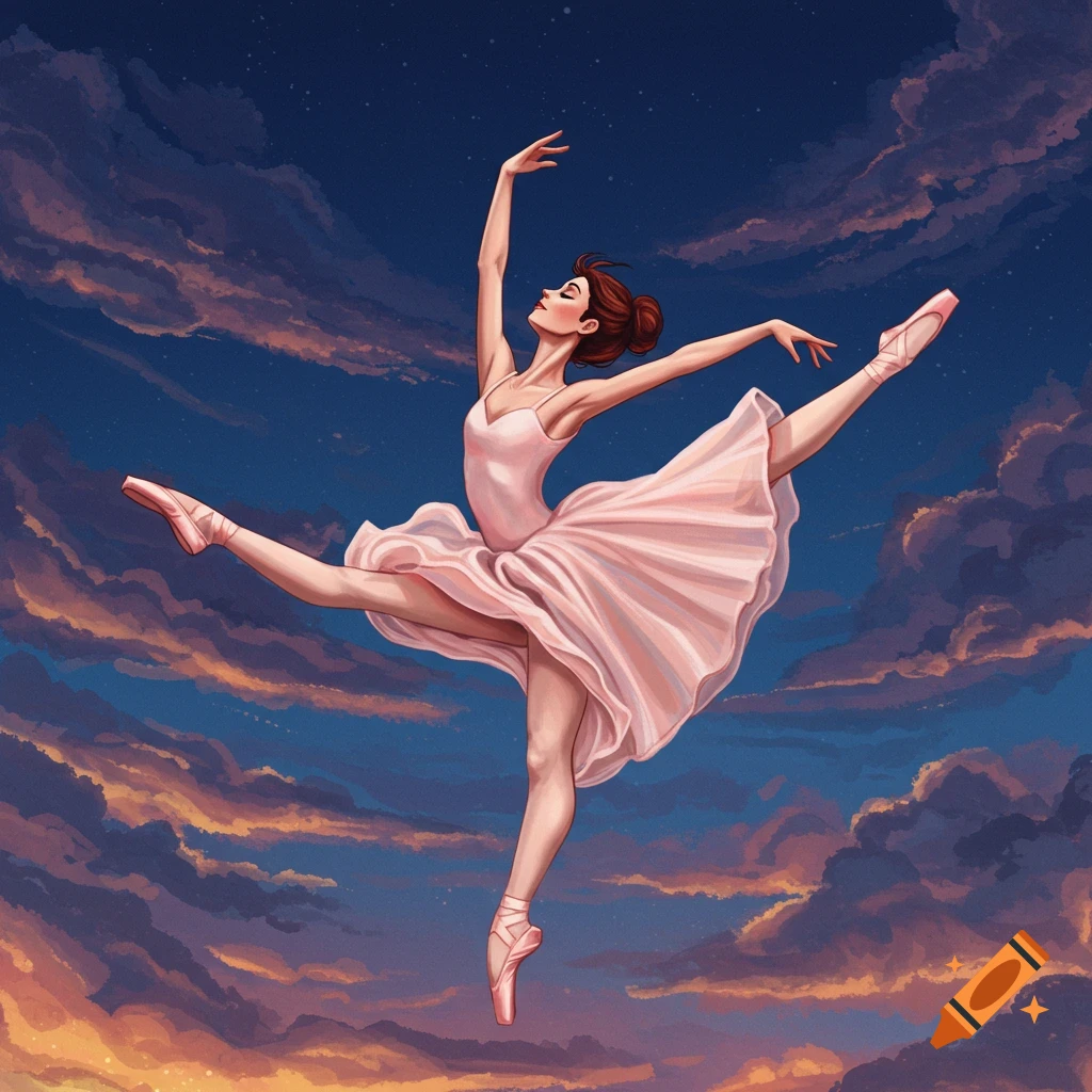 A ballerina dancing in the sky at sunset.