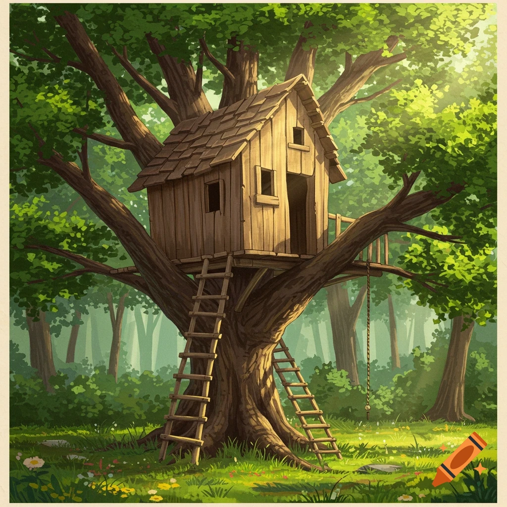 A rustic treehouse built high in a lush forest.