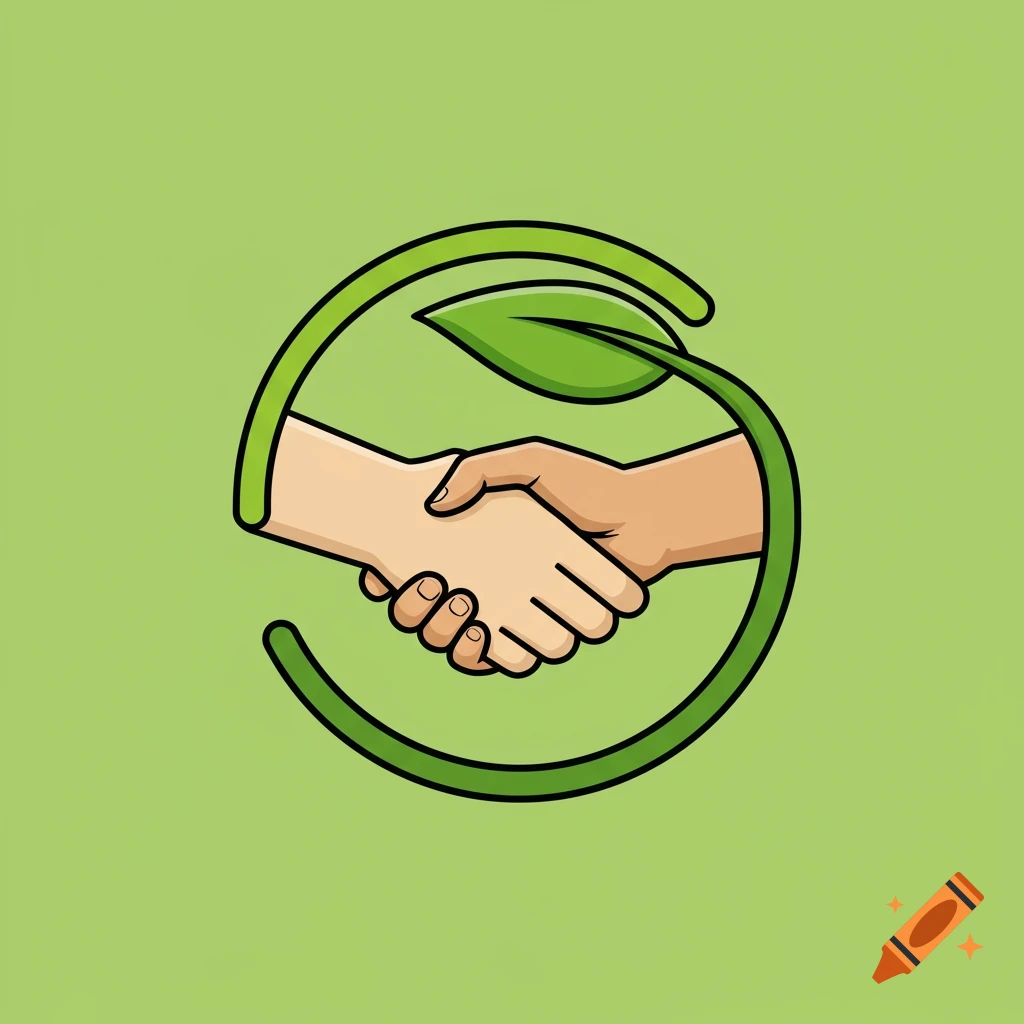 Stylized logo of two hands shaking within a green leaf circle.