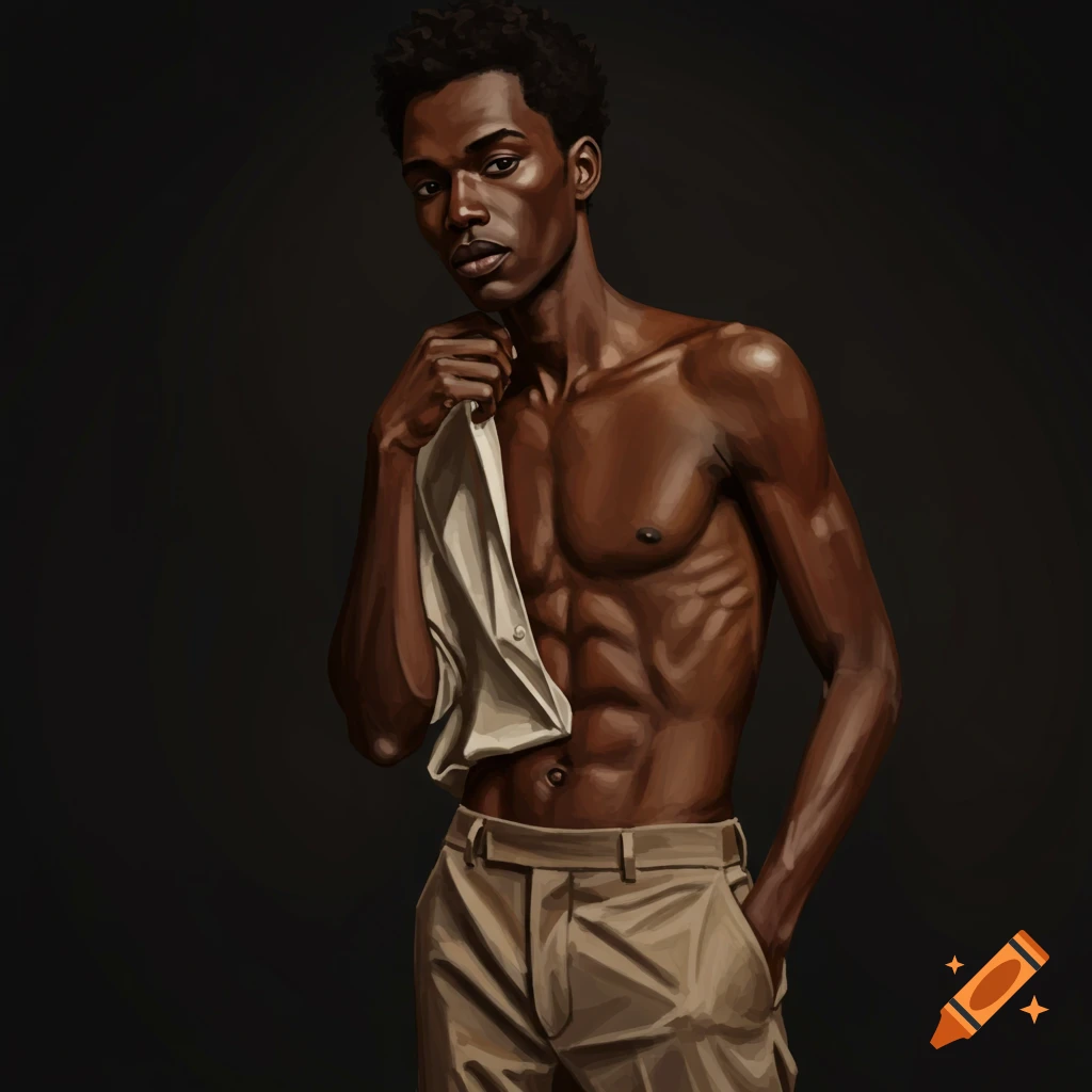 A lean man holding a shirt over his shoulder.