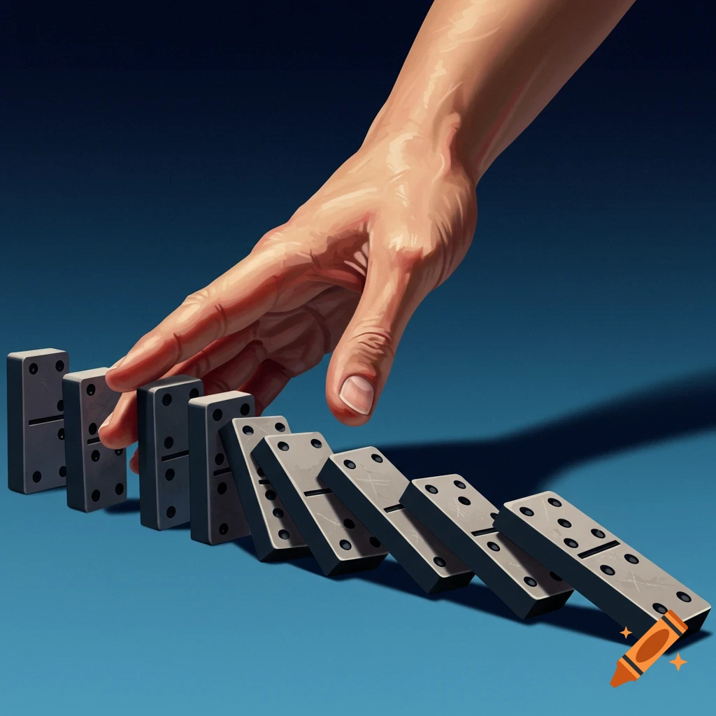 A hand reaches out to push over a line of falling dominoes.
