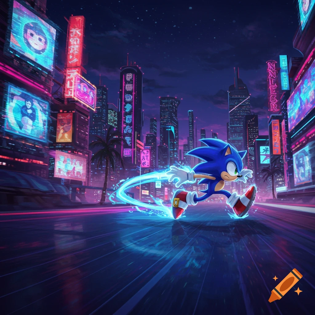 Sonic the Hedgehog speeds through a neon-lit futuristic city street.