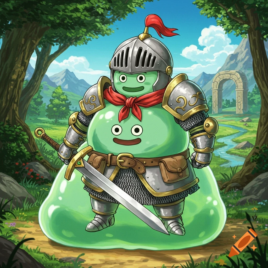 A green slime creature is wearing knight armor and holding a sword in a forest landscape.