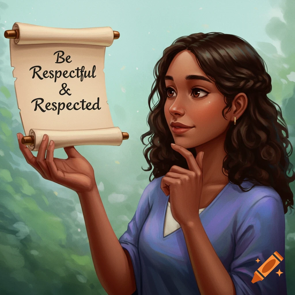 A woman holds a scroll with 'Be Respectful & Respected' written on it.