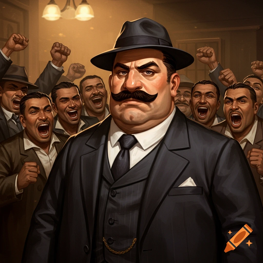 Illustration of a man in a hat and suit surrounded by cheering men.