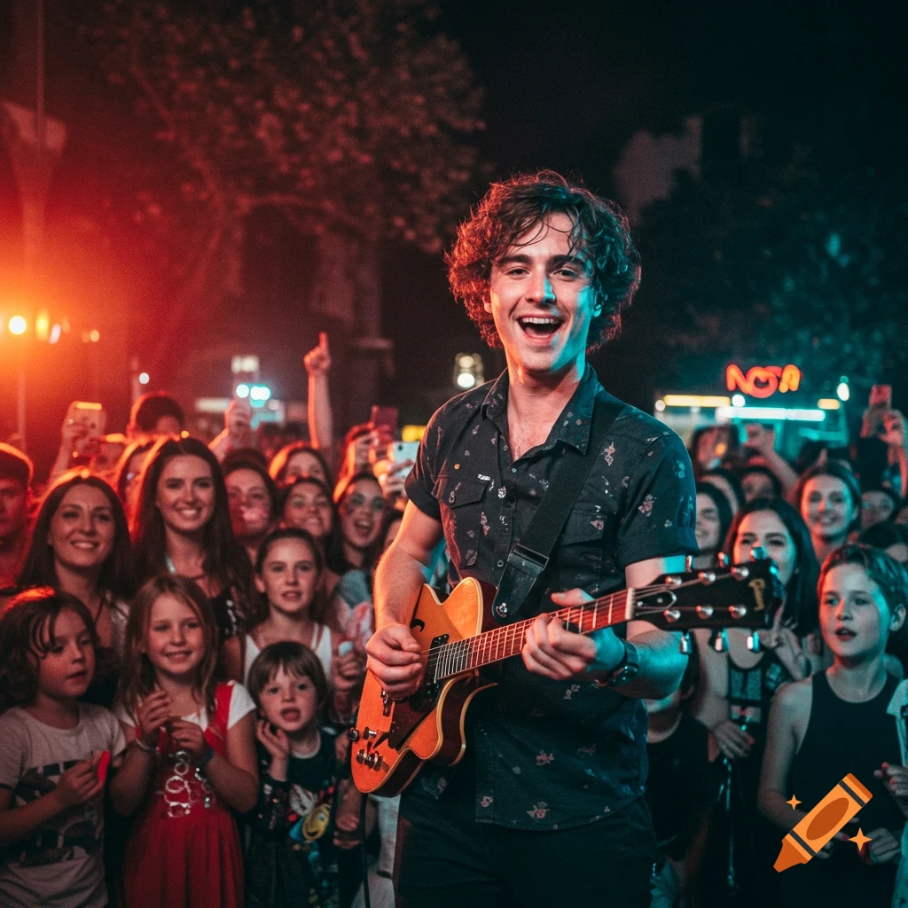 A musician plays an electric guitar on stage for a cheering crowd.