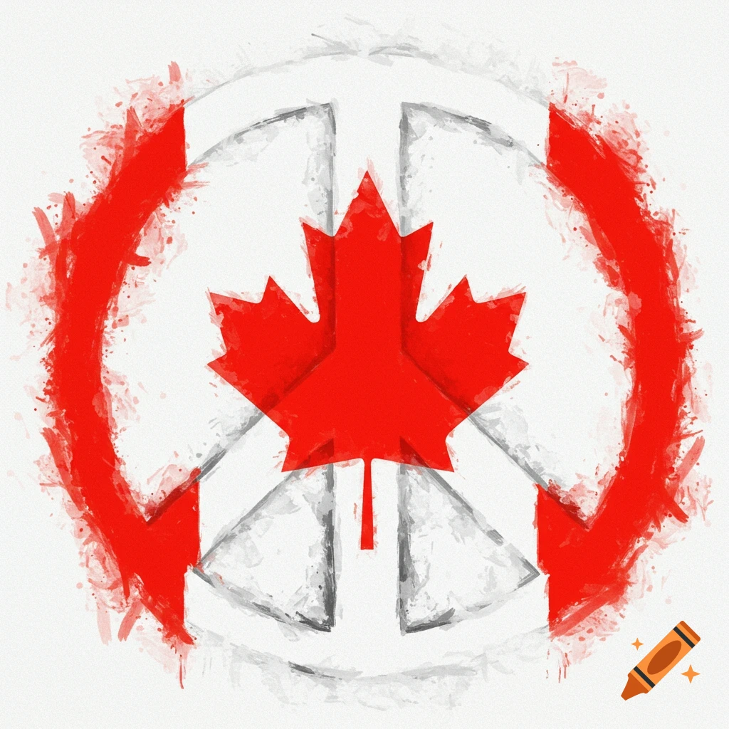 A red Canadian maple leaf integrated into a peace sign.