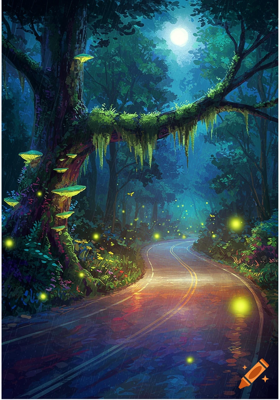 A rainy forest road at night illuminated by fireflies, mushrooms, and the moon, in a painting style.