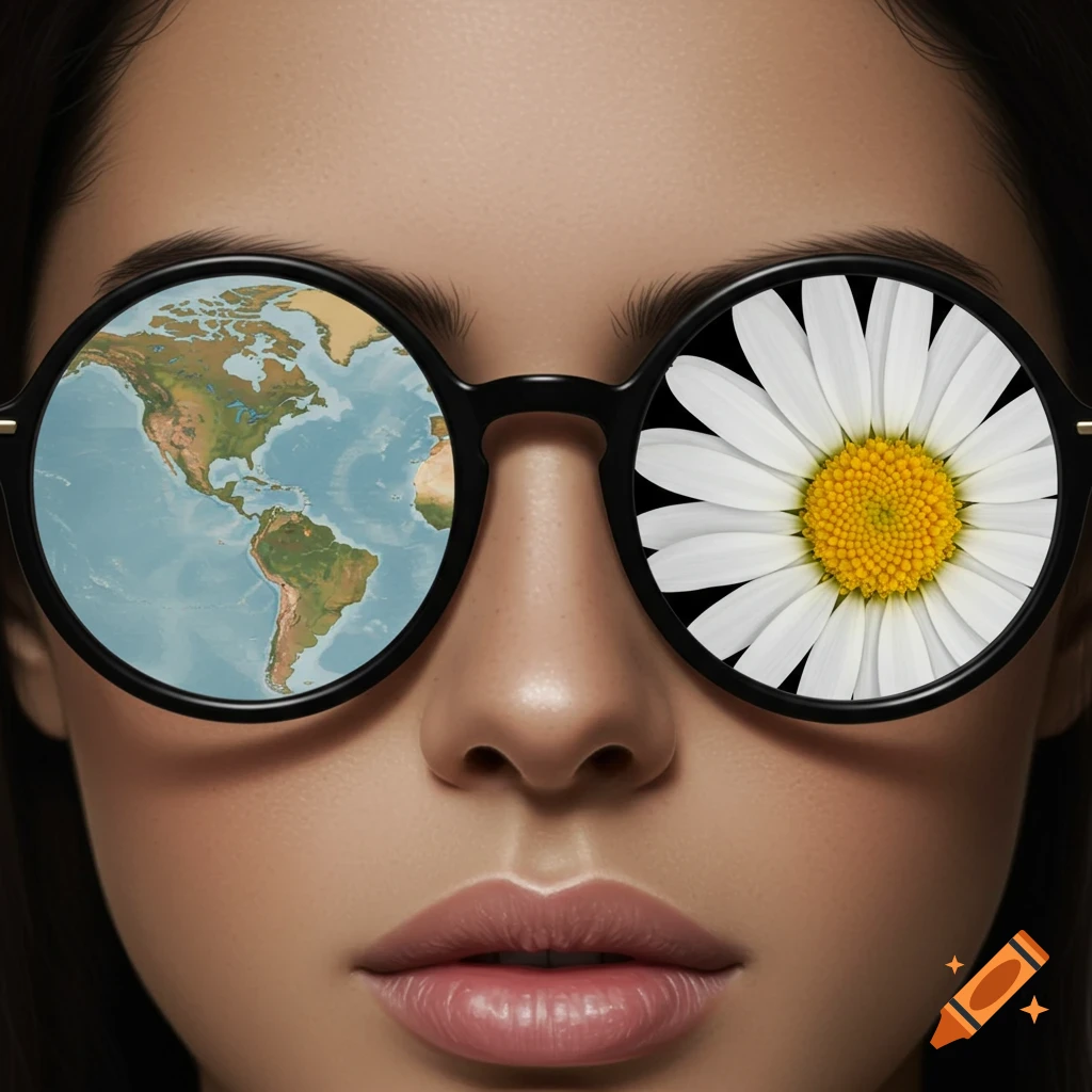 Close-up digital art portrait of a person wearing glasses reflecting a world map in one lens and a daisy in the other.