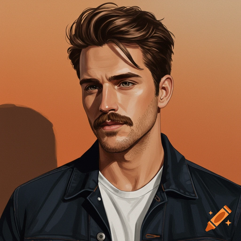 A portrait of a man with a mustache wearing a denim jacket against an orange background.