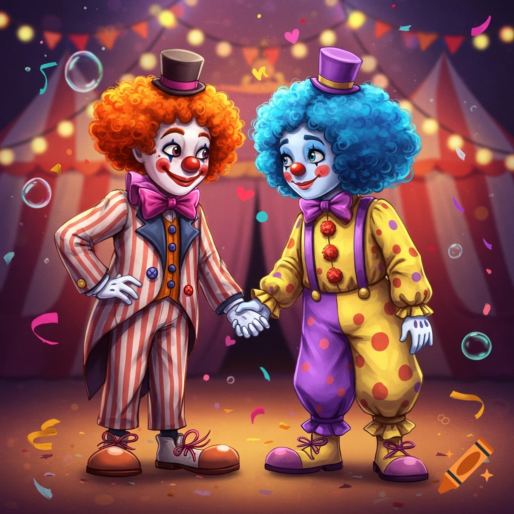 Two colorful clowns holding hands in a circus tent with confetti.