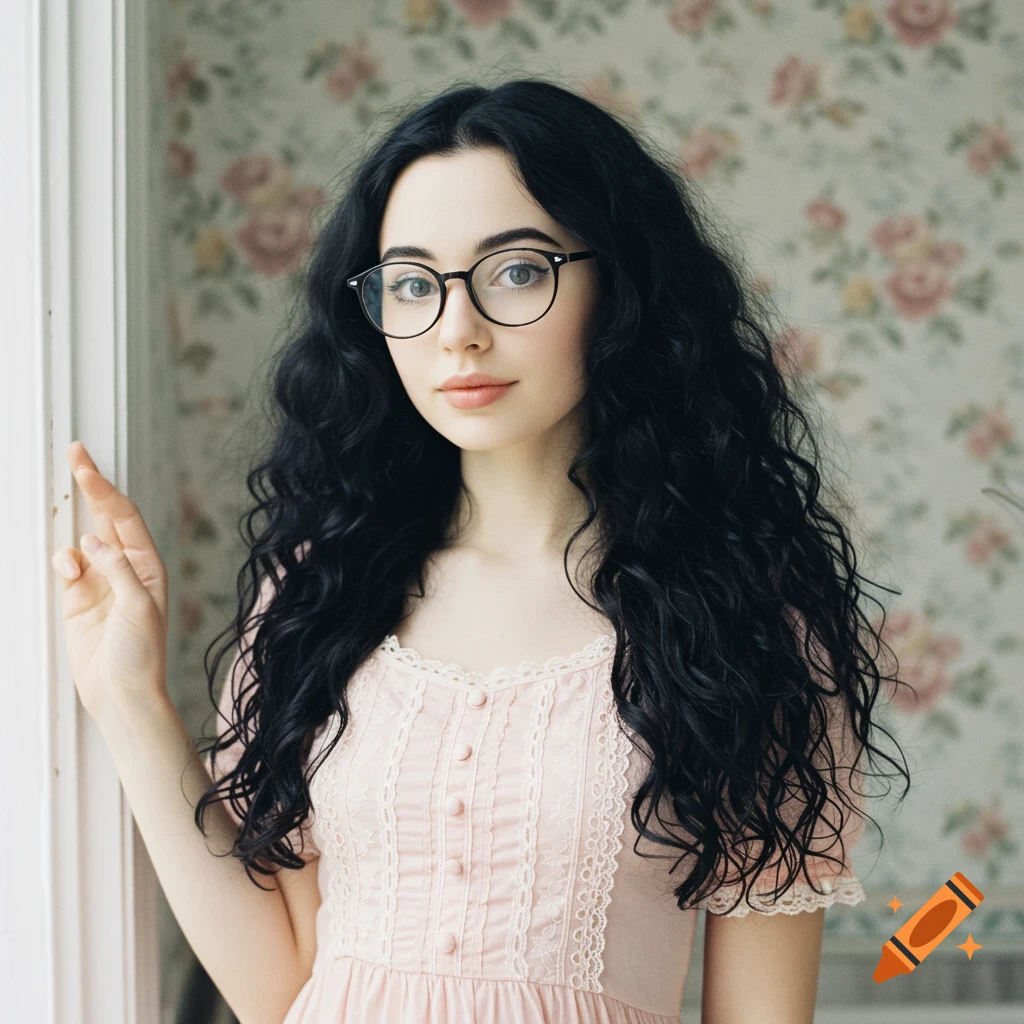 Portrait of a young woman with long dark hair and glasses wearing a pink dress, standing by a window in soft focus.