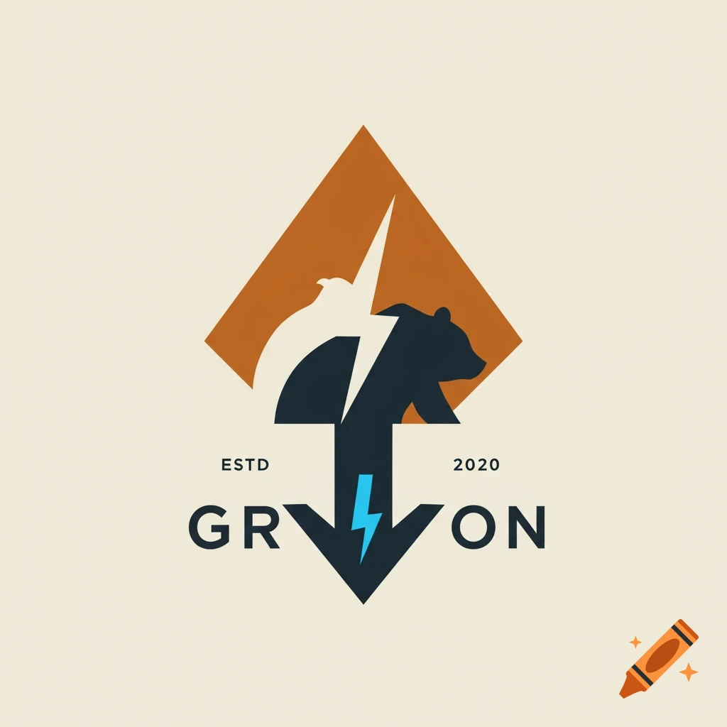 Logo with bear and bird silhouettes inside an arrowhead with a lightning bolt, text ESTD GRVON 2020 below.