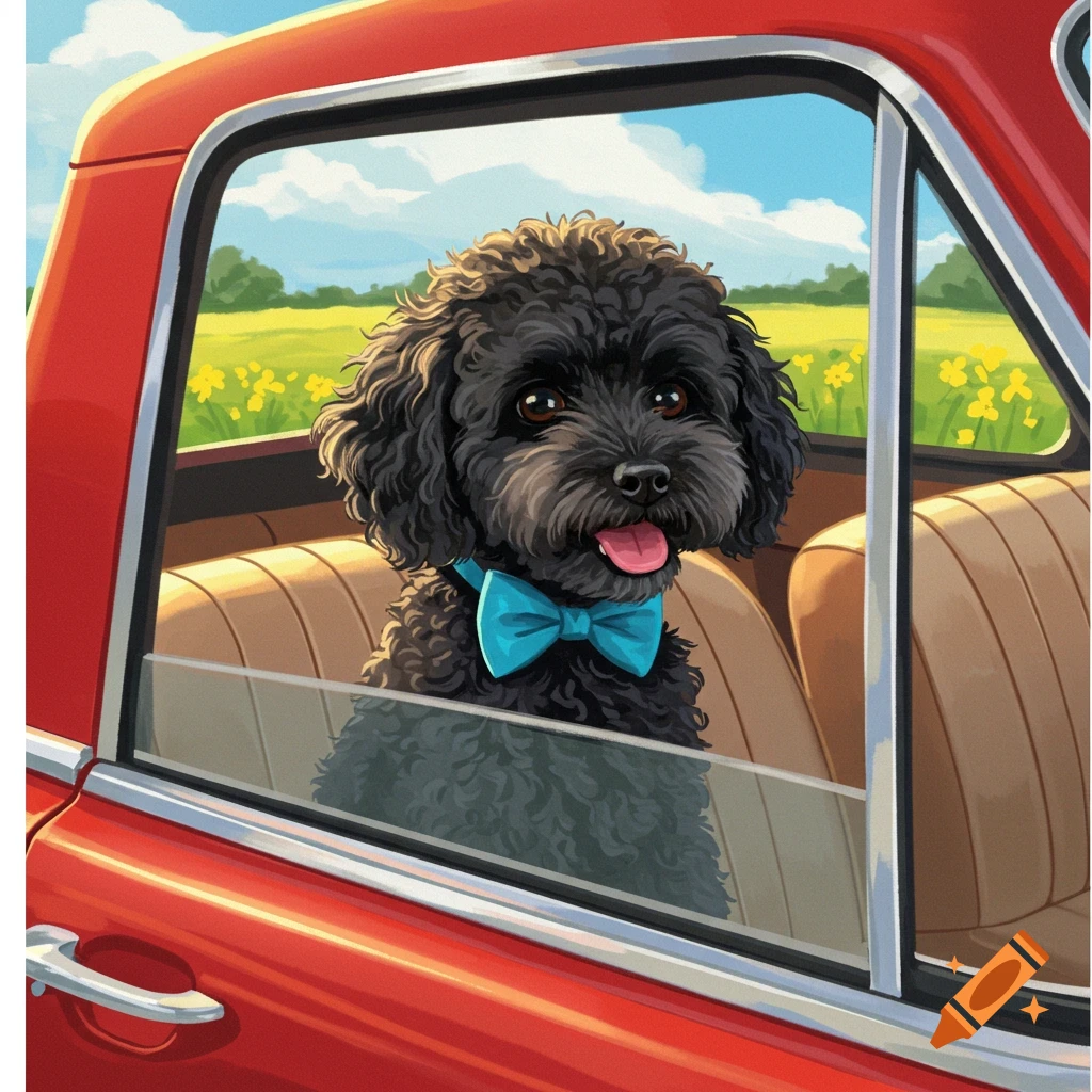 A black dog with a blue bow tie is sitting in the passenger seat of a red car.