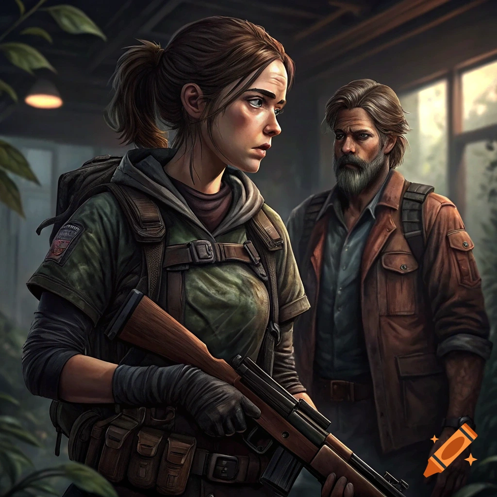Two characters resembling Joel and Ellie from The Last of Us, one holding a rifle, in a survival setting.
