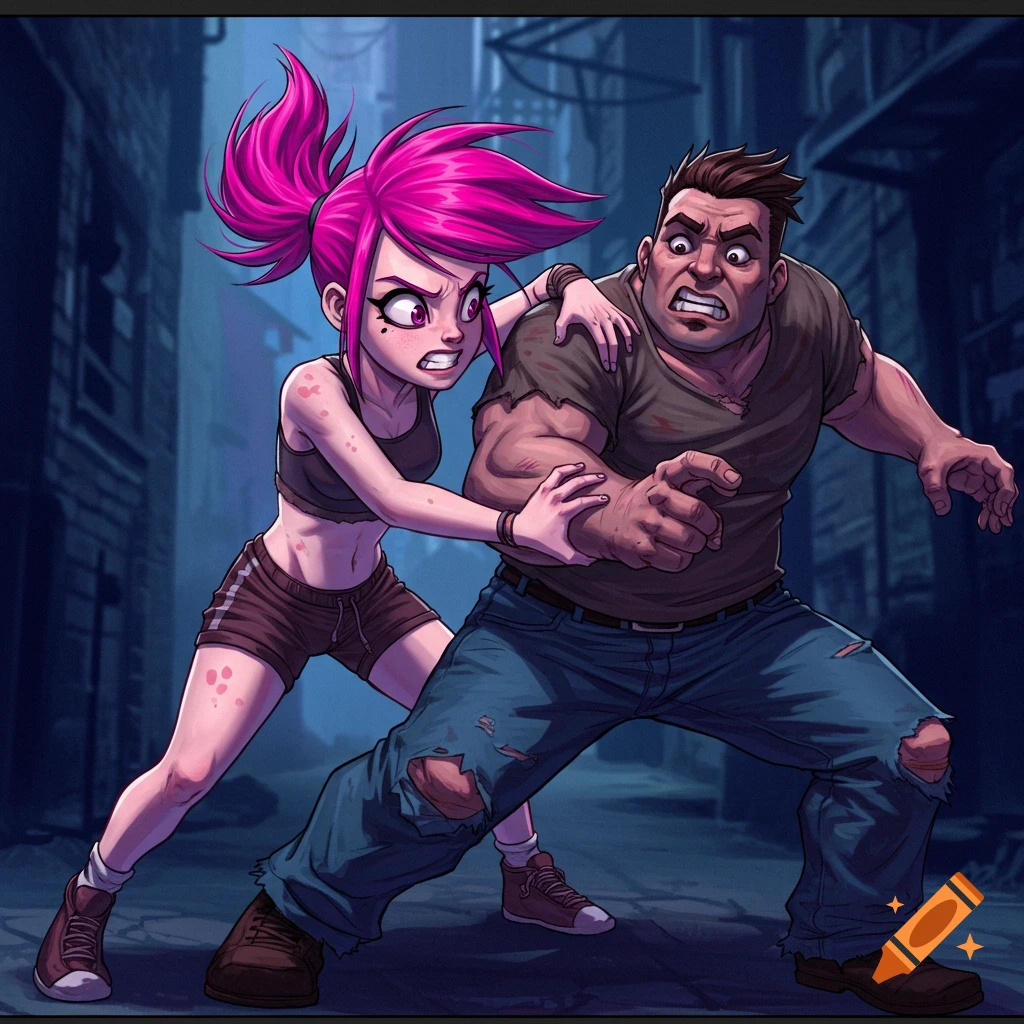A girl with pink hair and a guy are wrestling in an alley.