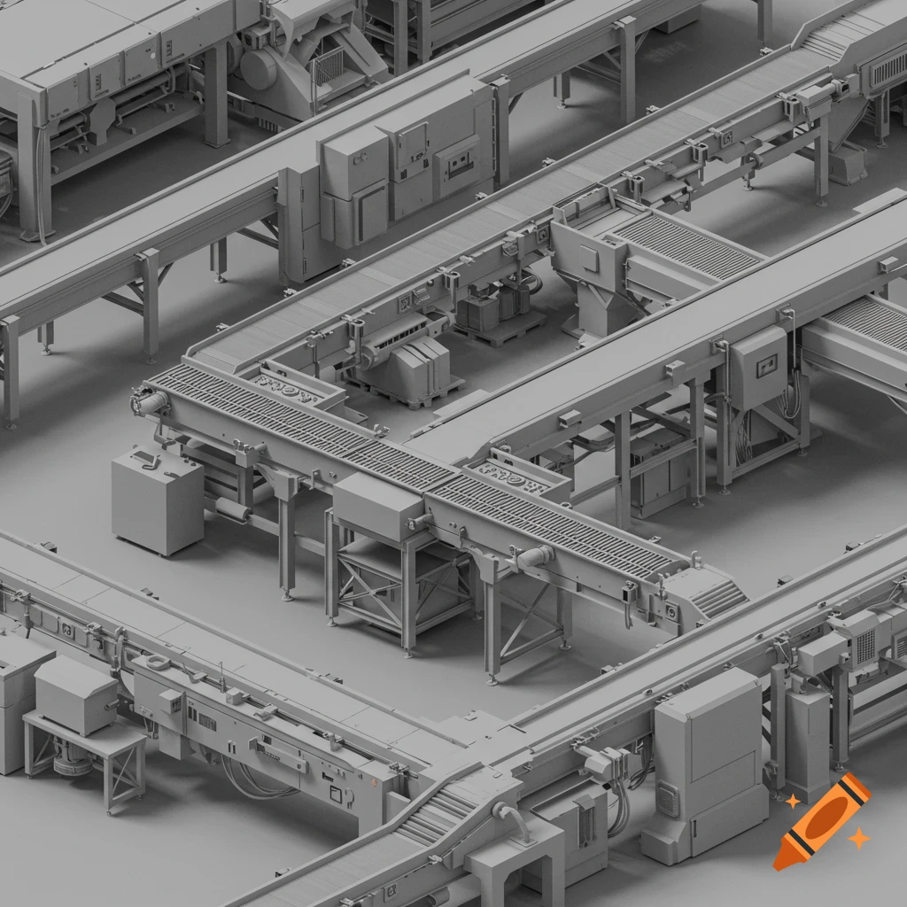 Isometric view of industrial conveyor belts and machinery in greyscale.